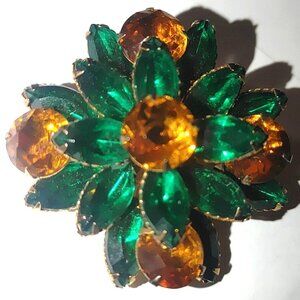 Emerald Green Amber Rhinestone Floral Brooch Pin Vintage Gold Tone Mid Century